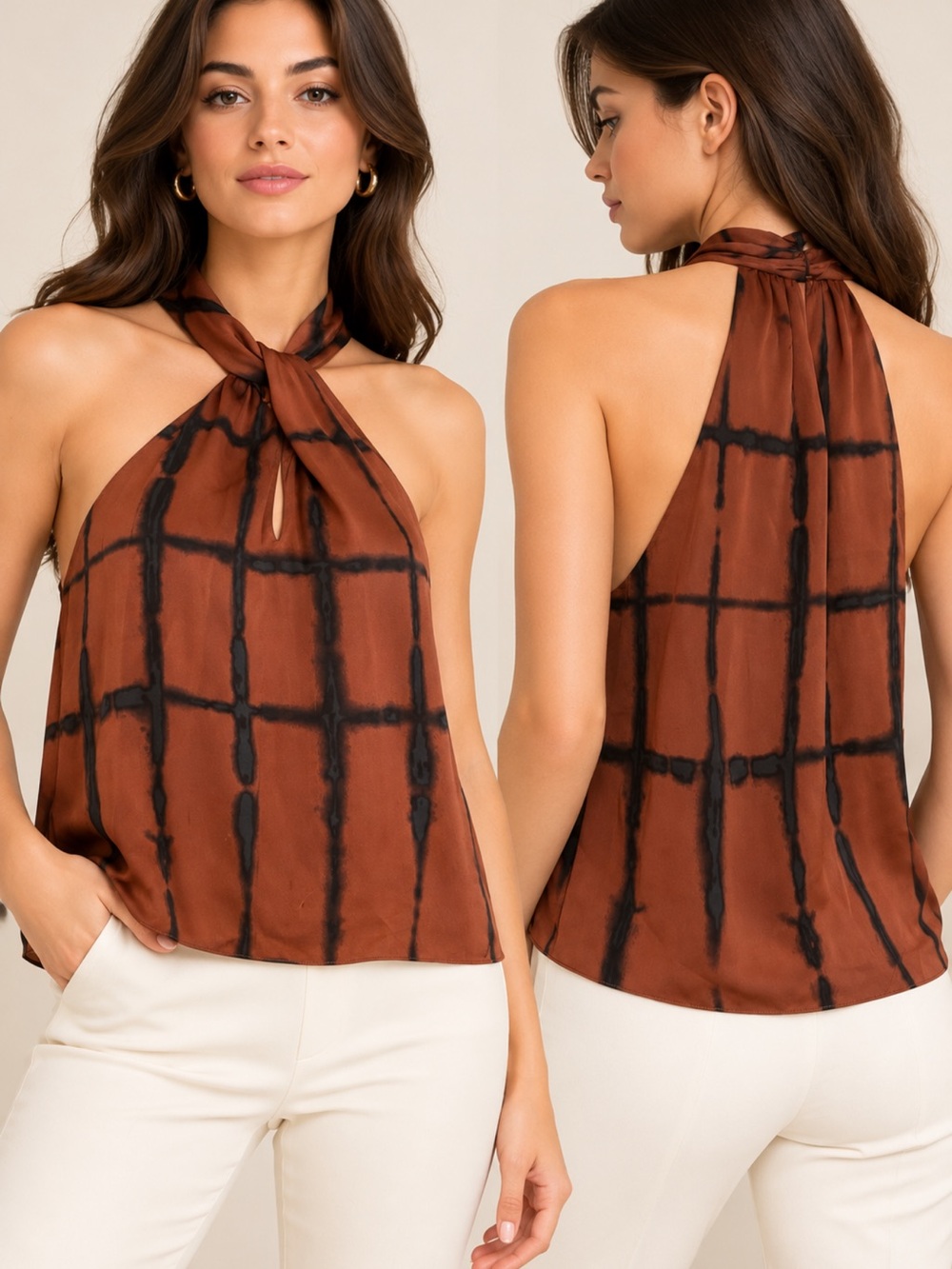 Jonathan Simkhai Standard Brown Black Abstract Halter Tie-Neck Top Size S